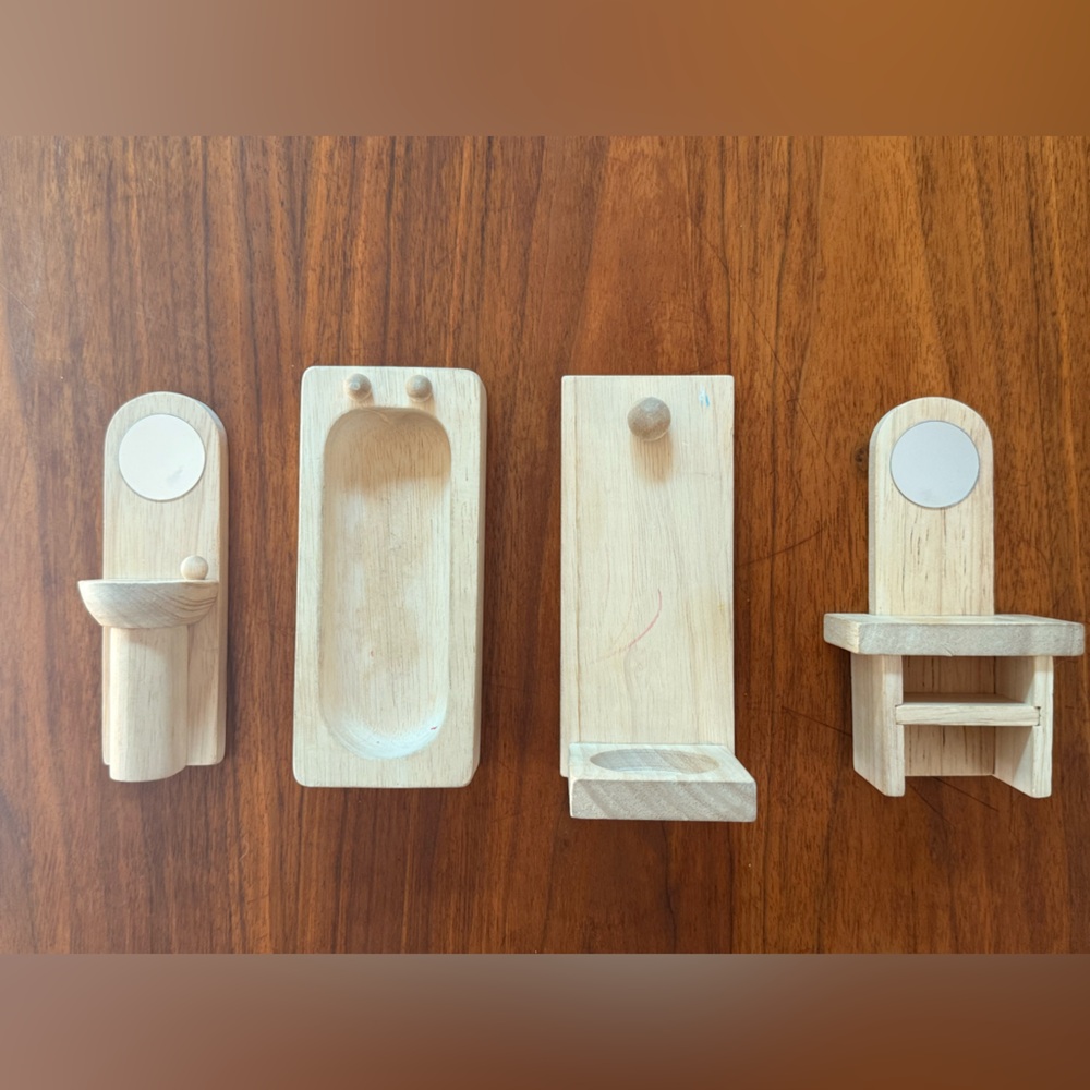 PlanToys Wooden Dollhouse Bathroom Furniture – Sink, Tub, Shower, Vanity
